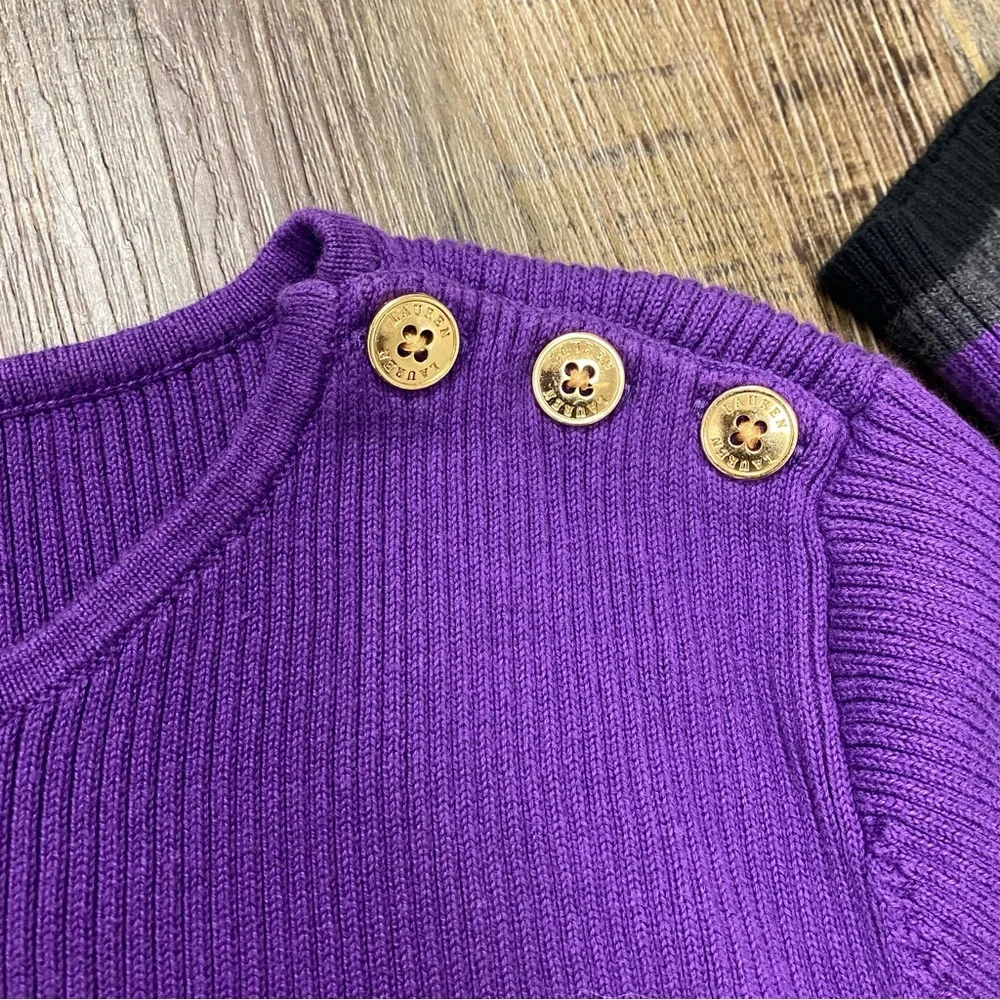 Lauren Ralph Lauren Purple and Black Striped Sweater‎ 3 Shoulder Gold Buttons XL
